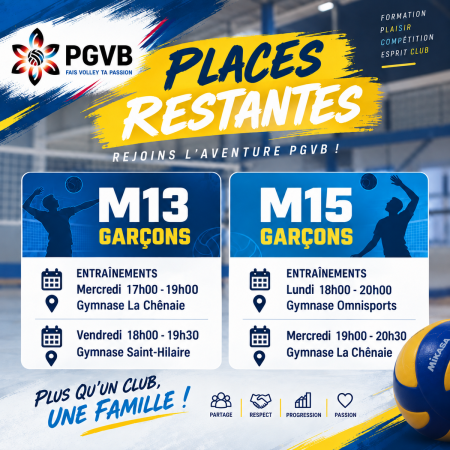 Places dispos pour les M13 et M15 garcons